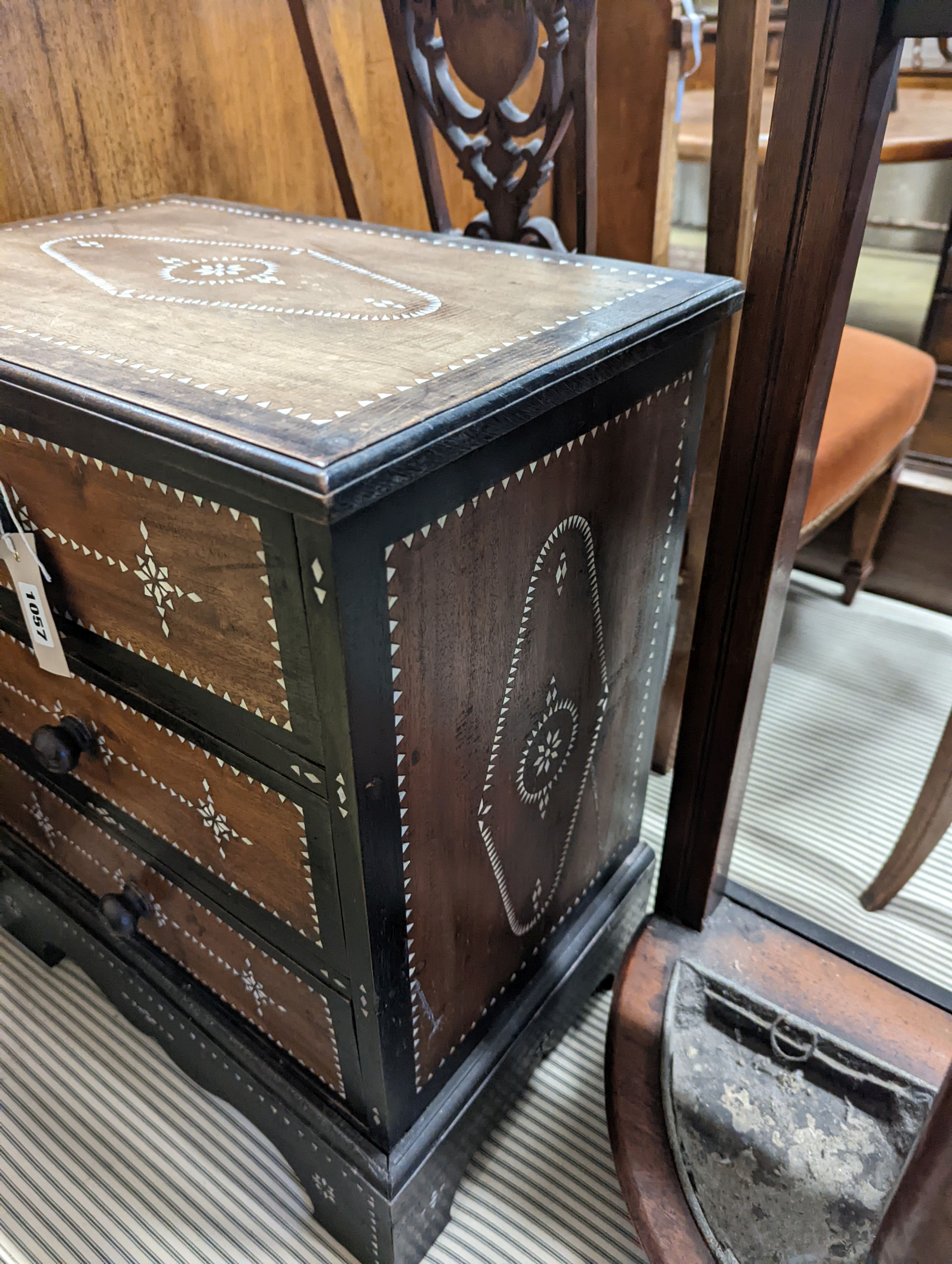 A near pair of South Asian mother of pearl inlaid three drawer small chests, larger 46cm, depth 31cm, height 54cm